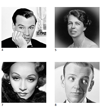 1930s picture quiz printable featuring Hollywood Golden Age stars, jazz legends and iconic figures from the Great Depression era