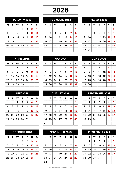 A printable 2026 calendar PDF preview