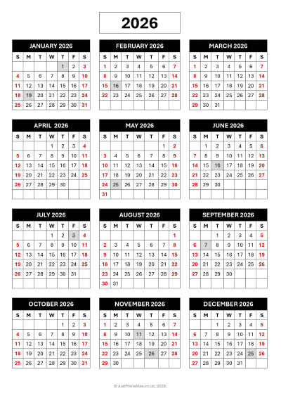 Printable Free Calendar with Bank Holidays Preview