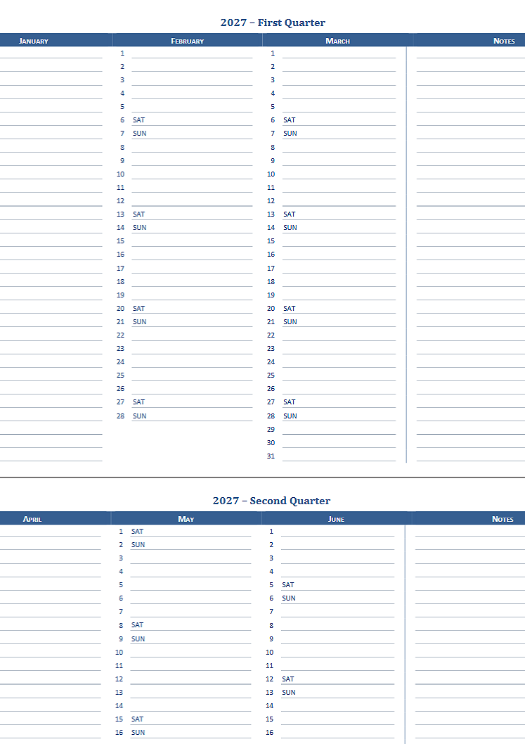 Single page 2027 yearly planner