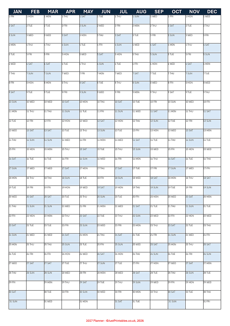 Single page 2027 yearly planner