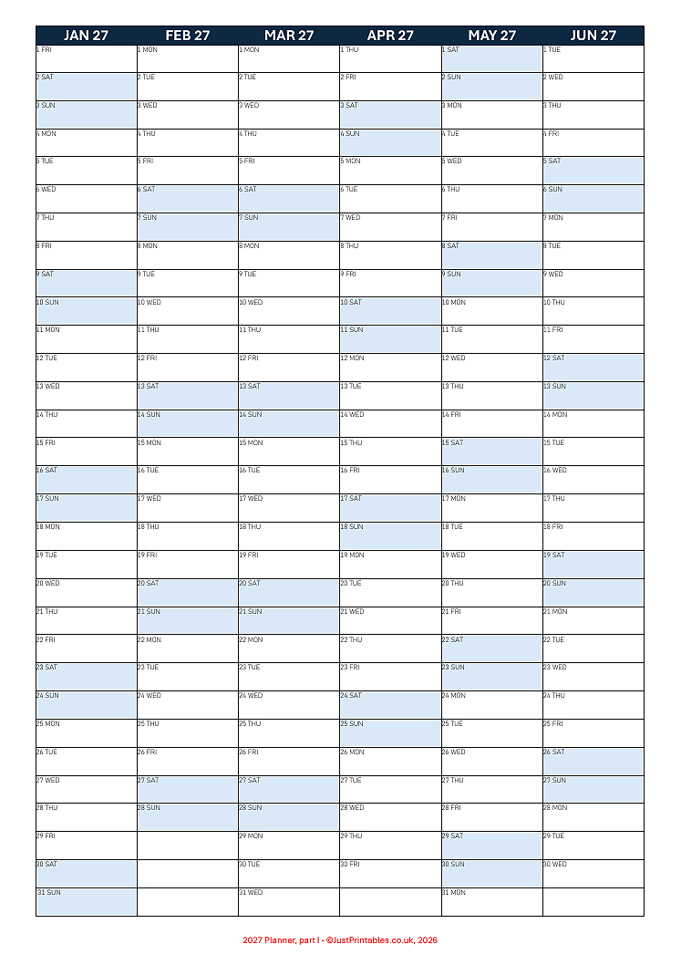 2027 Yearly Calendar