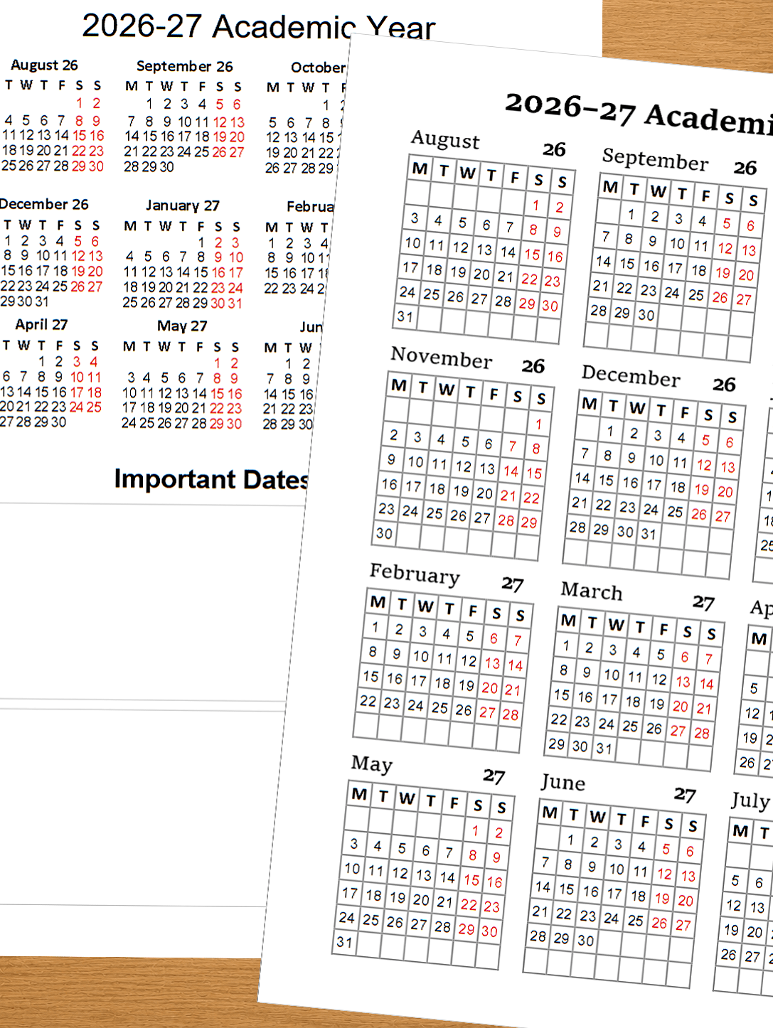 Academic year calendars