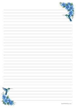 Preview of lined paper with a bird and blue flowers in its corner
