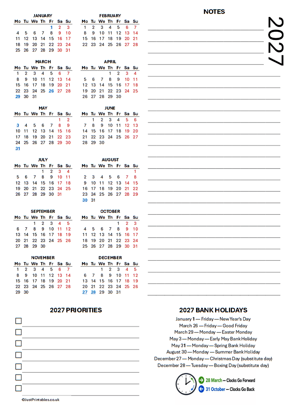 2027 calendar with notes and bank holidays preview