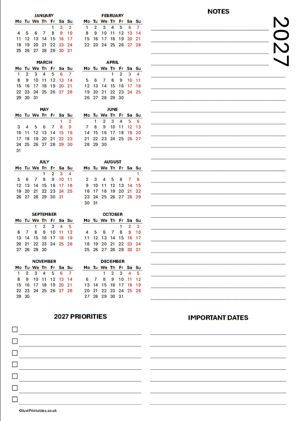 2027 calendar with notes and important dates section
