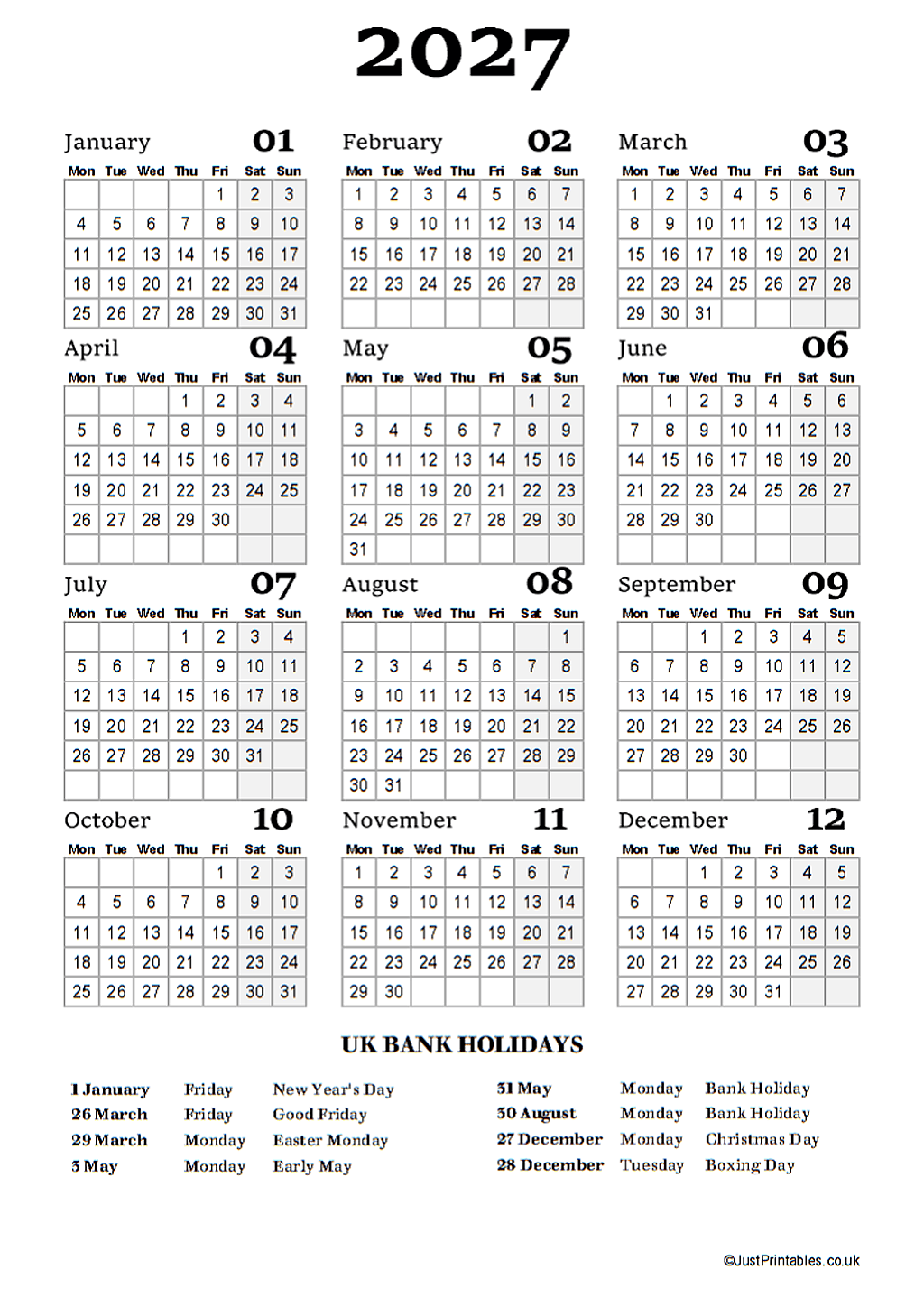 2027 calendar with bank holidays preview