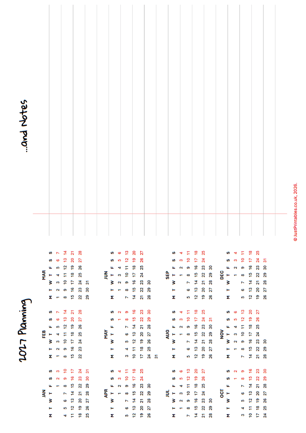 2027 planning calendar with notes