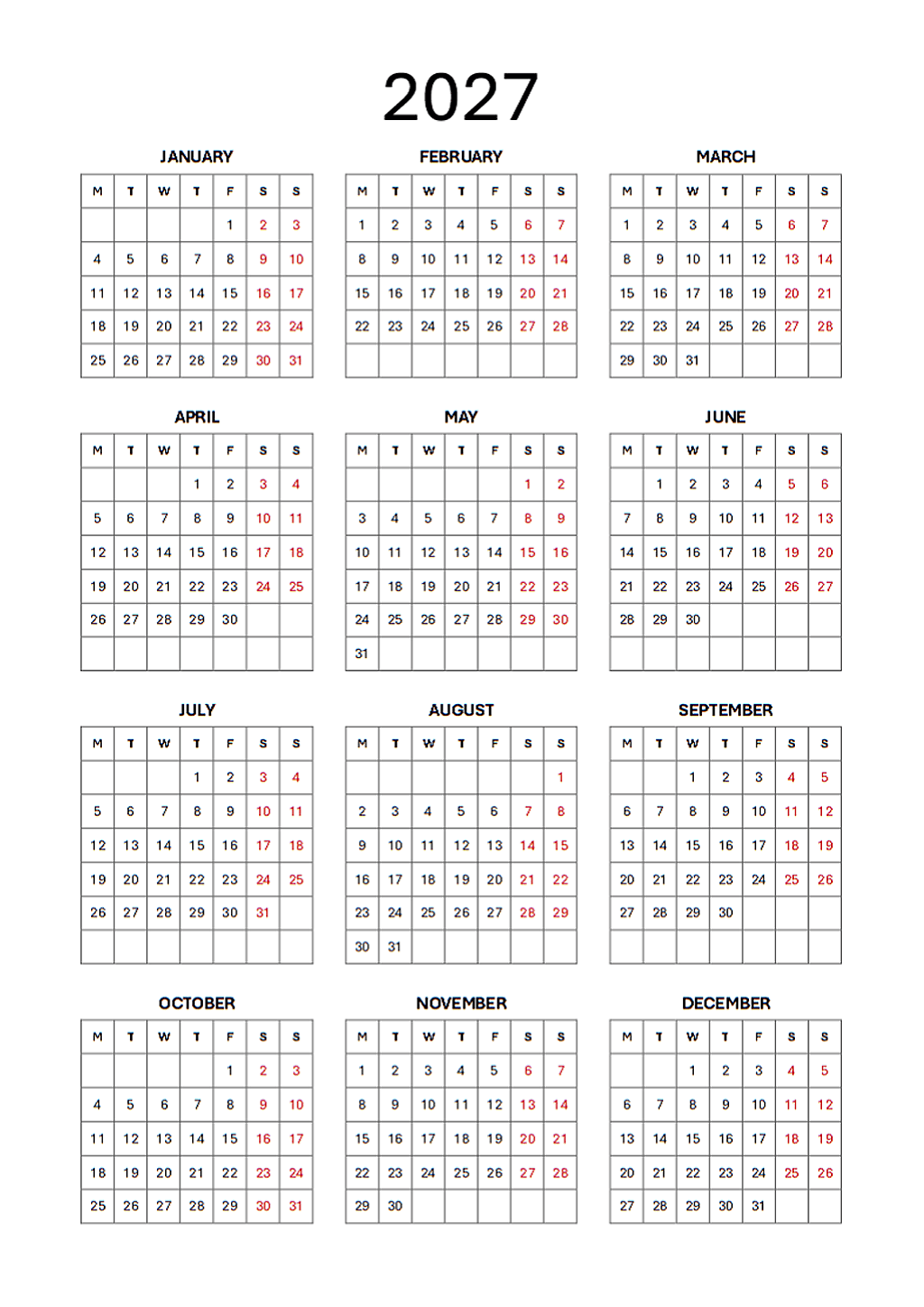 2027 simple calendar