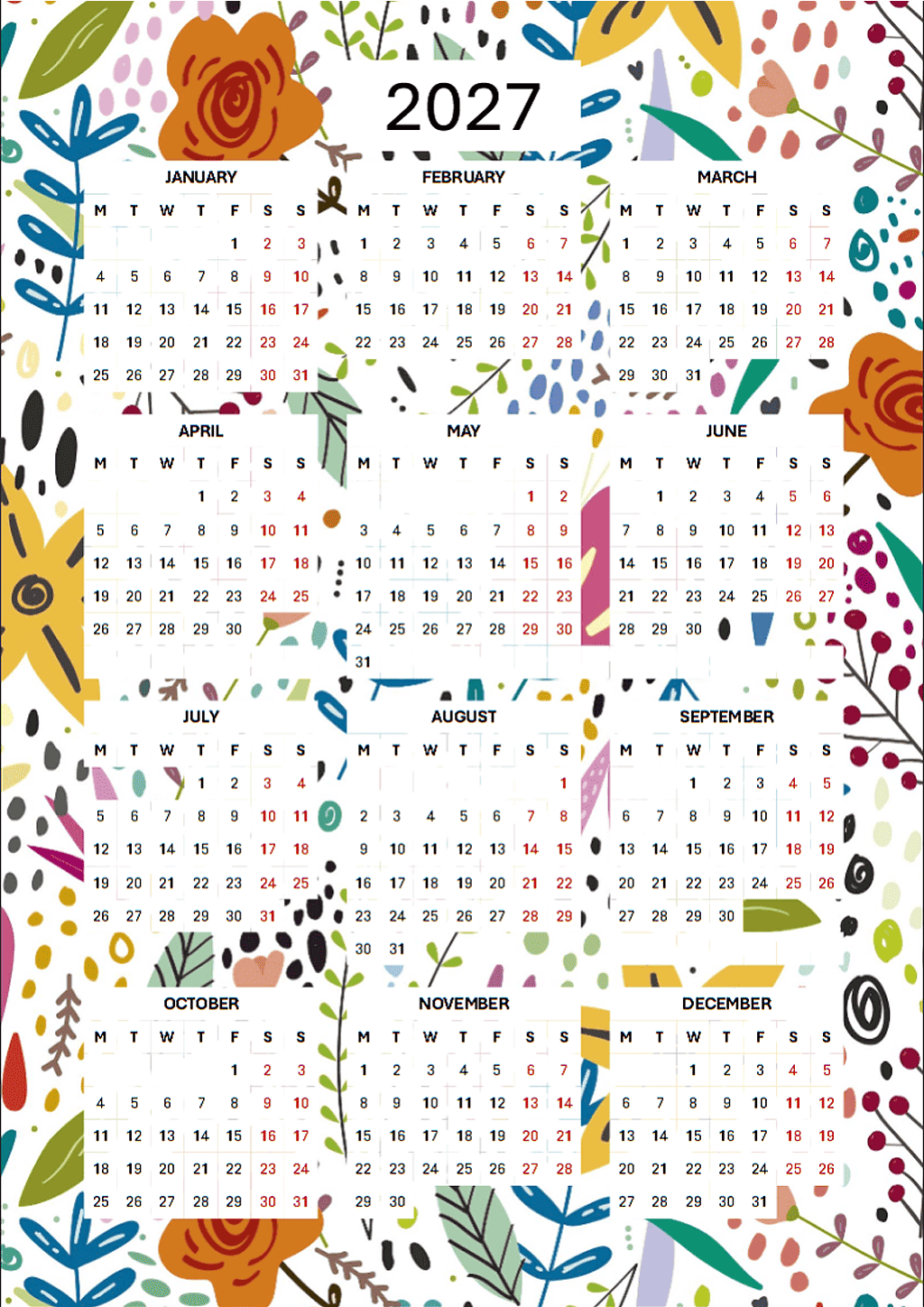 2027 flower background calendar