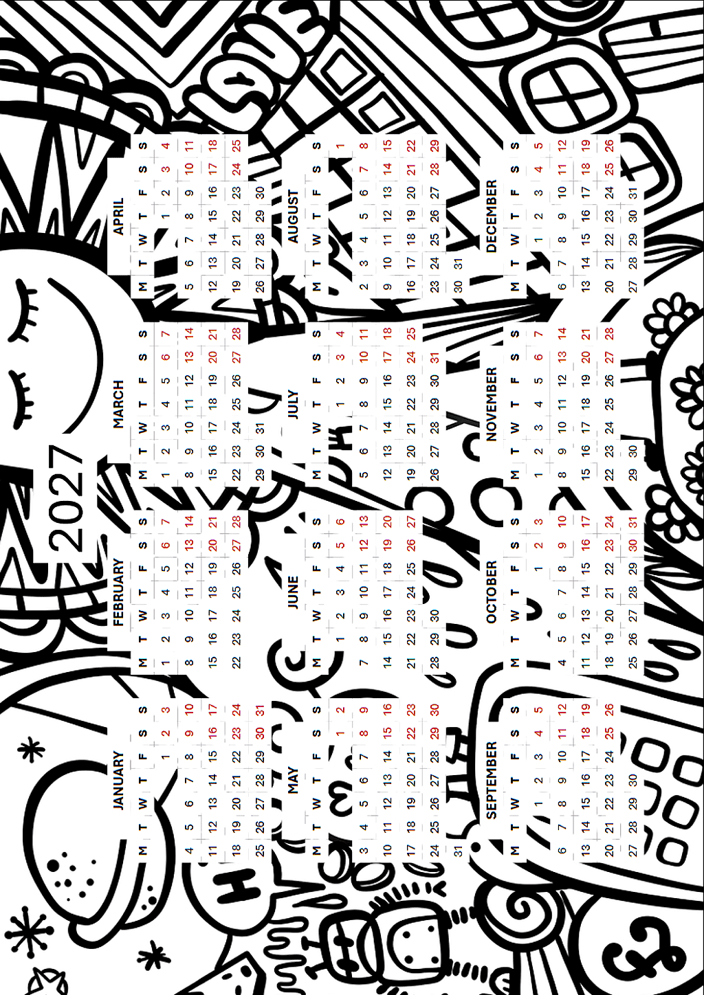 2027 black ink background calendar