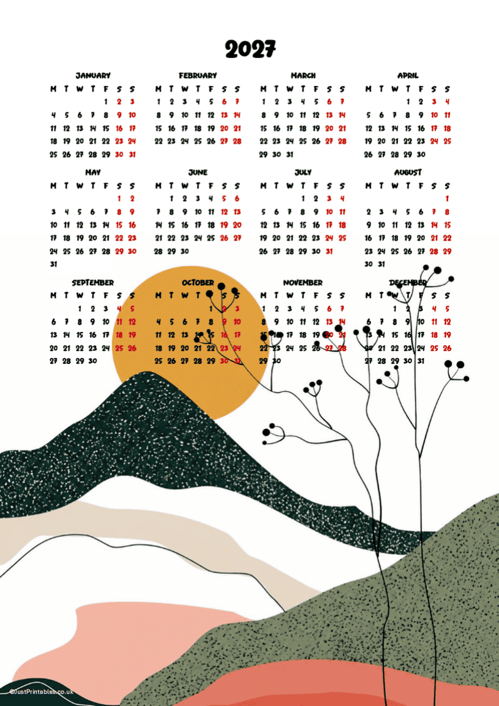 2027 mountain and sun calendar