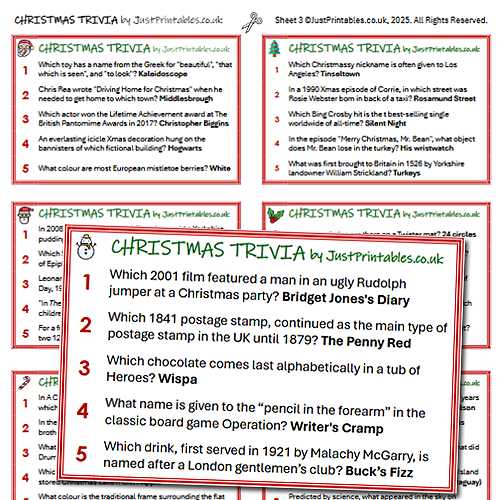 Sample Printable Christmas Quiz Card