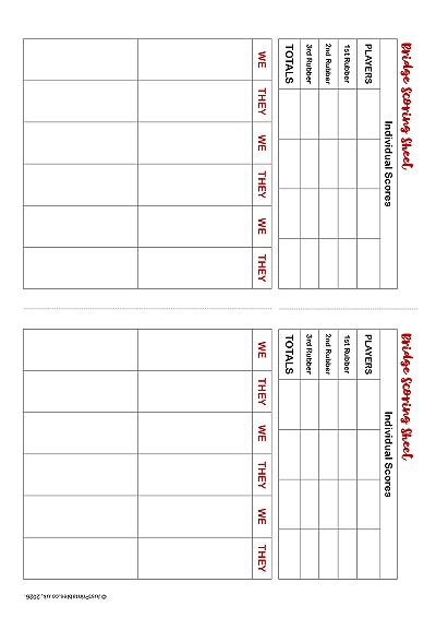Contract Bridge score sheet