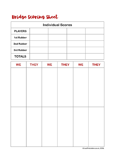 Large contract bridge score sheet