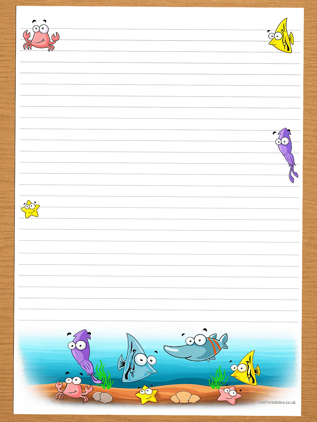 lined paper with cartoon fish