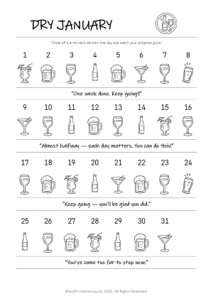 Dry January champagne bottle bubble tracker printable
