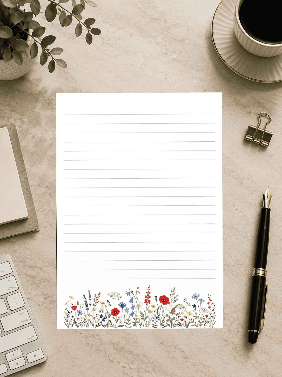 lined paper with poppy flower