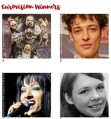 Printable Eurovision quiz PDF preview showing Eurovision trivia questions and a Eurovision picture quiz