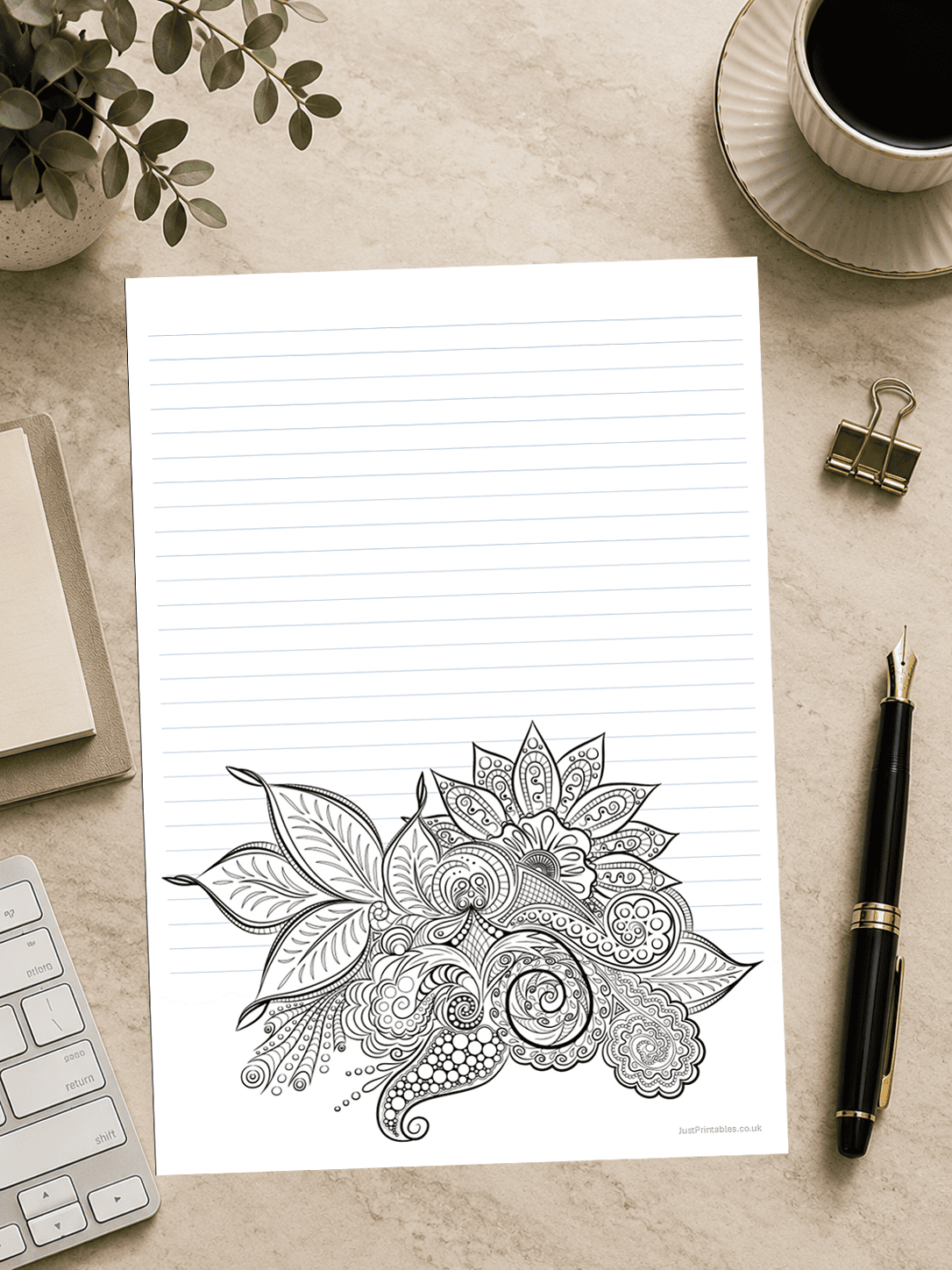 lined paper with flowers to colour