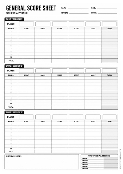 General games score sheet