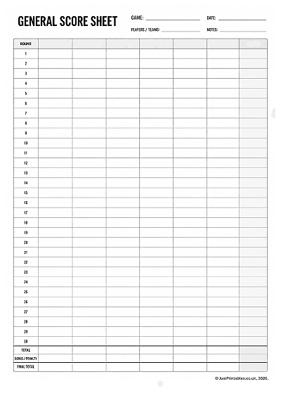 General games score sheet