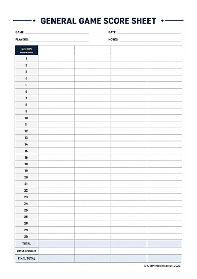 General games score sheet