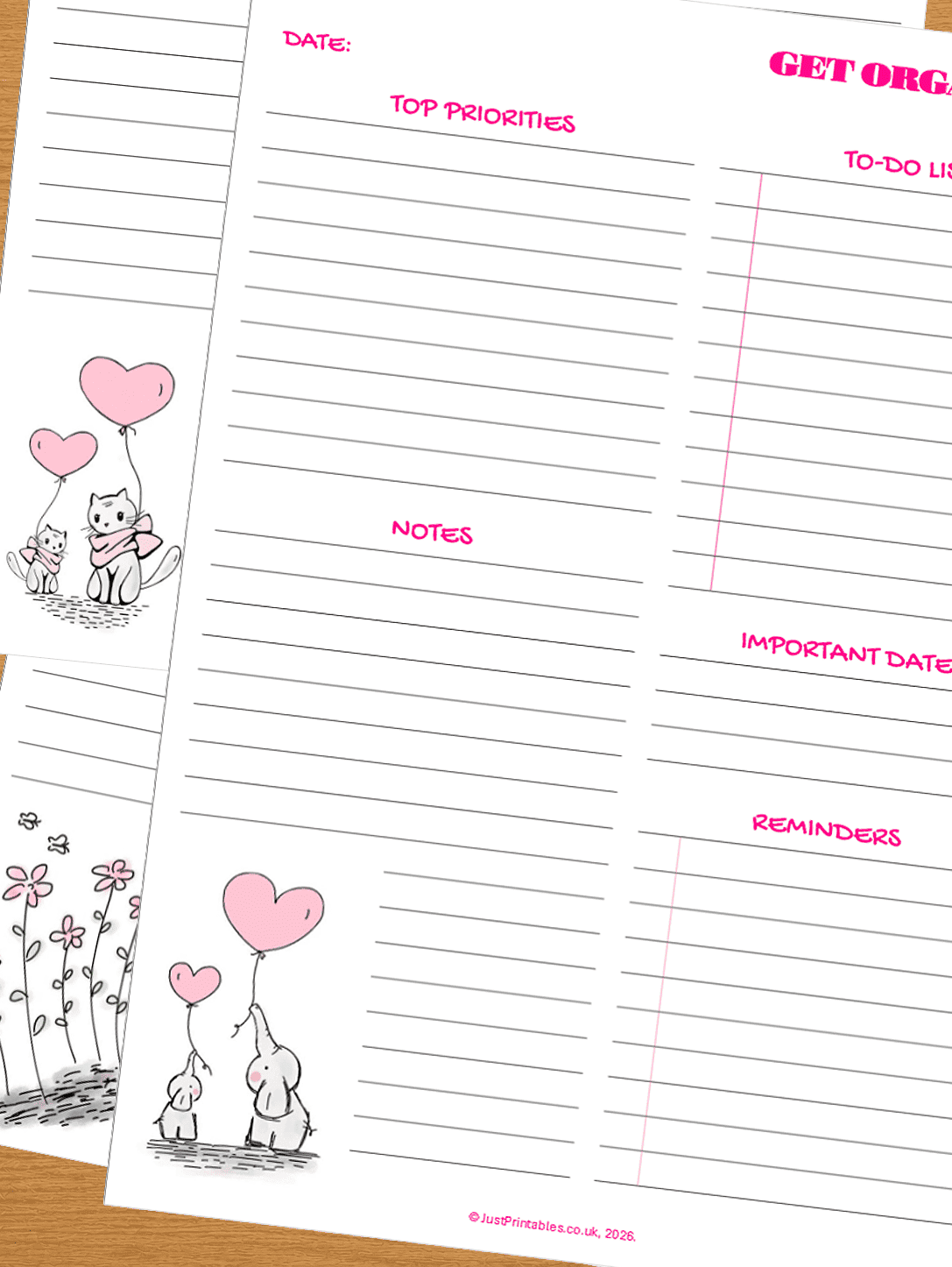 Get organised planner sheets in pink