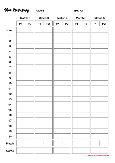 Gin Rummy print friendly score sheet