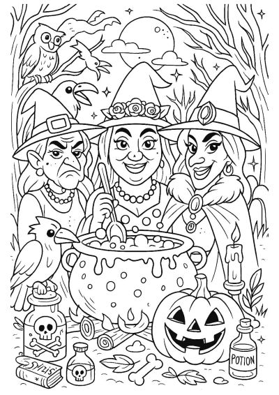 Witches colouring activity page