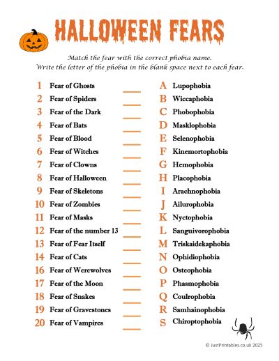 Printable Halloween phobias quiz sheet