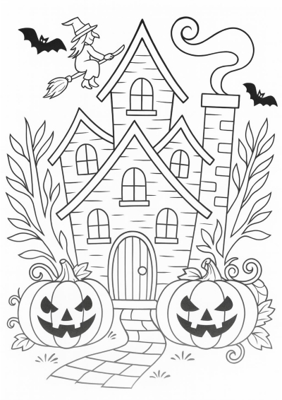 Printable Halloween coloring page with pumpkina and haunted house