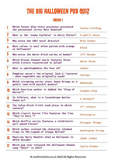 Printable Halloween pub quiz sheet