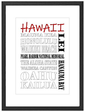 Framed Hawaii word art print featuring Hawaiian islands, beaches, and cultural words