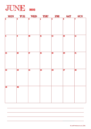 June calendar with red lettering