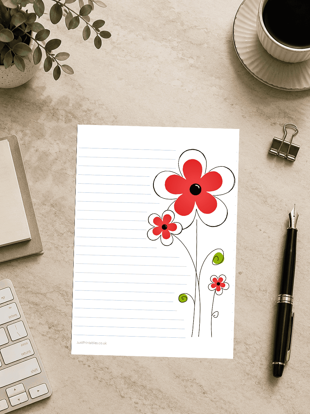 lined paper with poppy flower