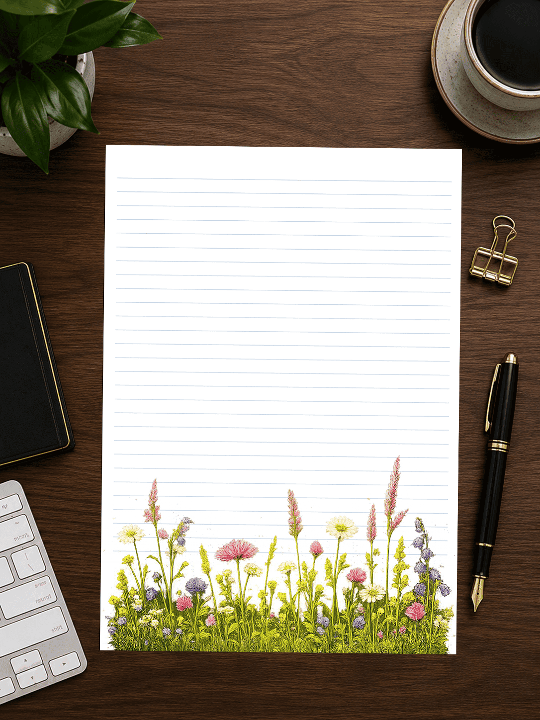 lined paper with meadow flowers footer
