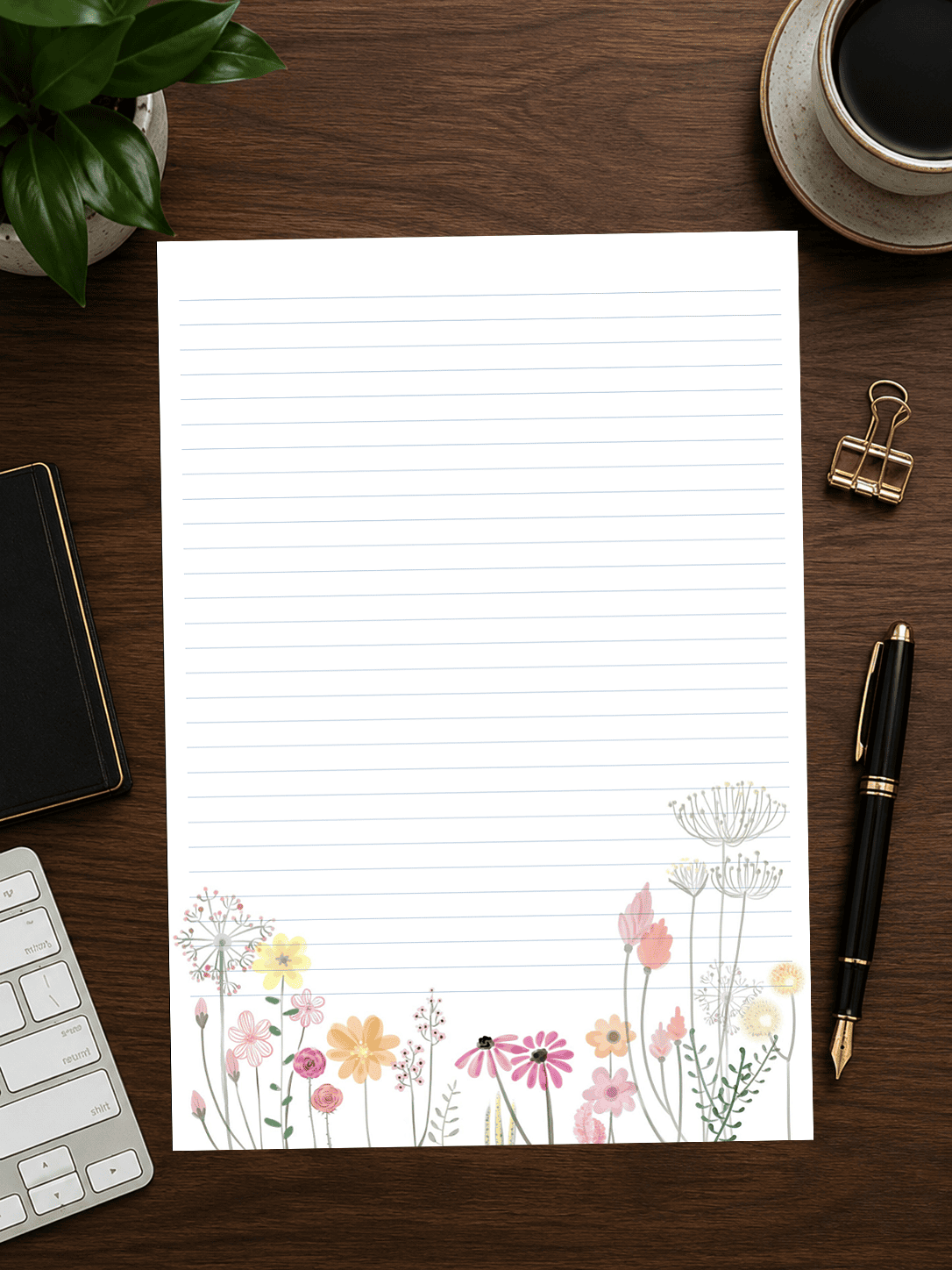 lined paper with flower footer
