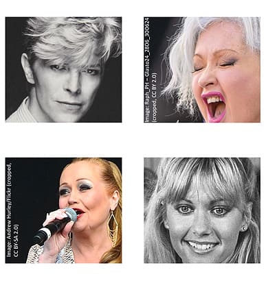 Printable music picture quiz PDF preview showing artists, bands and album cover picture rounds