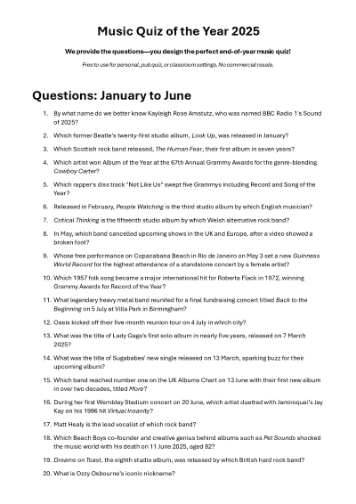 Music Quiz of the Year 2025 Printable PDF Preview