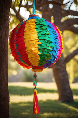A ball piñata hanging from a tree