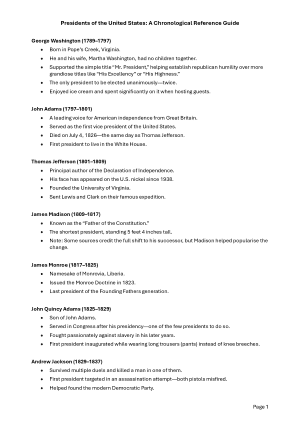 Printable Presidents Facts Sheet Preview
