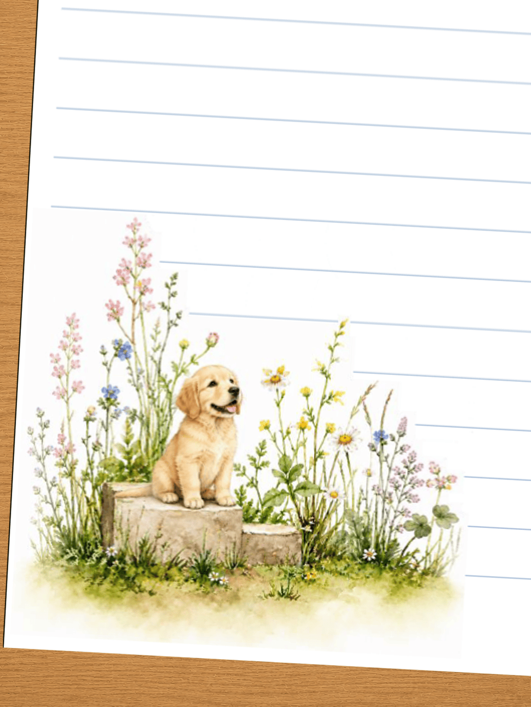 lined paper with puppy on a stone