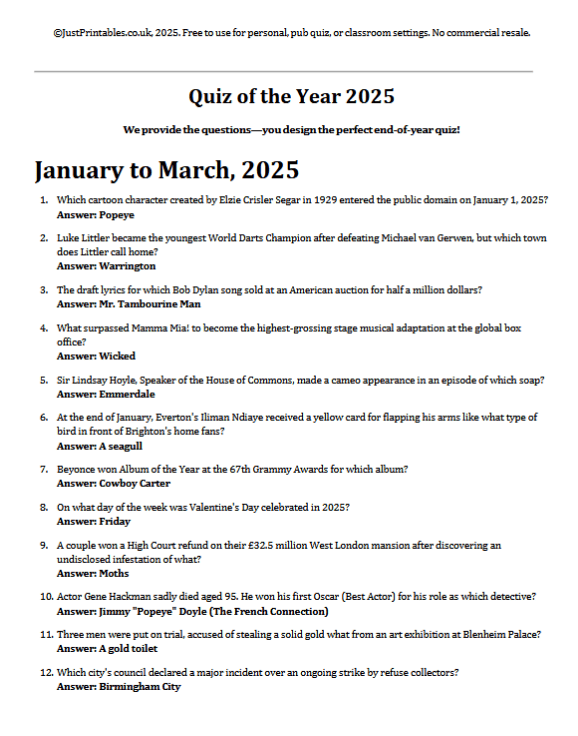 Quiz of the Year 2025 Printable Quiz Preview