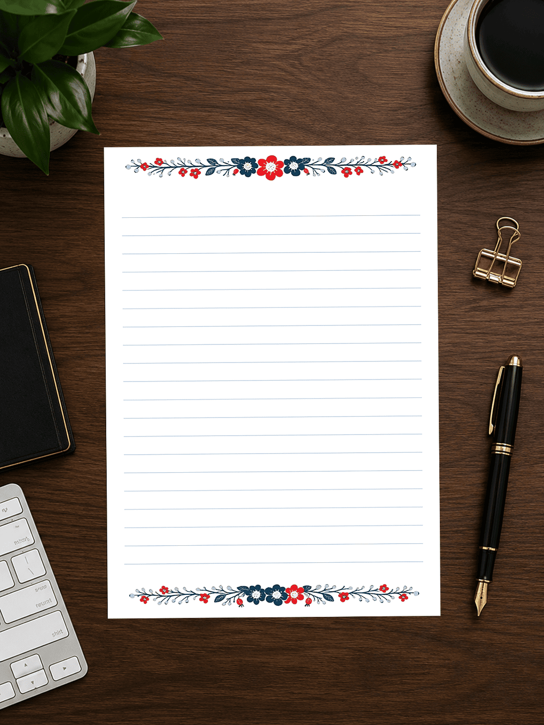 lined paper with floral footer and header