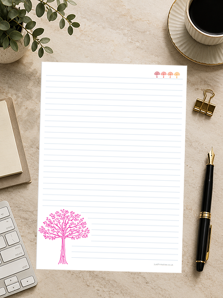 lined paper with a red tree