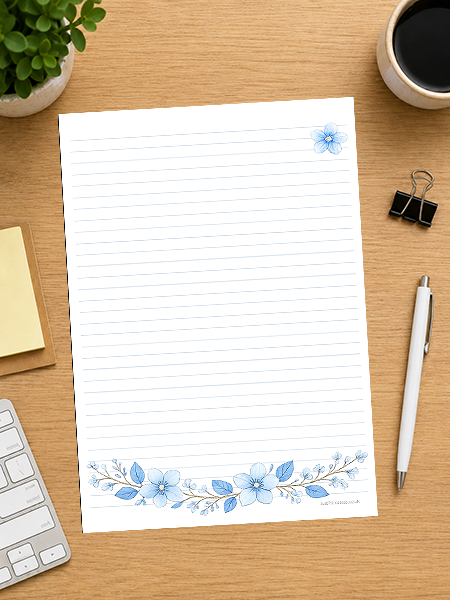 lined paper with blue water coloured flowers