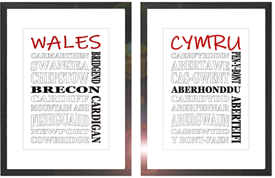 Framed Welsh Place Names word art prints showing Welsh and English equivalents