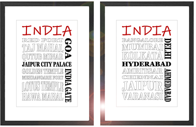 Framed India word art prints showing famous Indian cities and landmarks like Taj Mahal and Jaipur Palace
