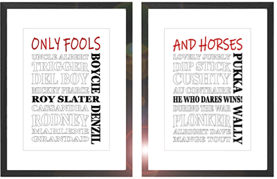 Framed Only Fools and Horses word art print featuring Del Boy, Rodney, and quotes from the series